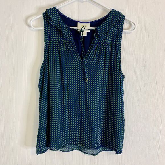 Maeve (M) Anderson Sleeveless Top Anthropologie Green Blue Checker Tie Ruffle - Picture 2 of 13